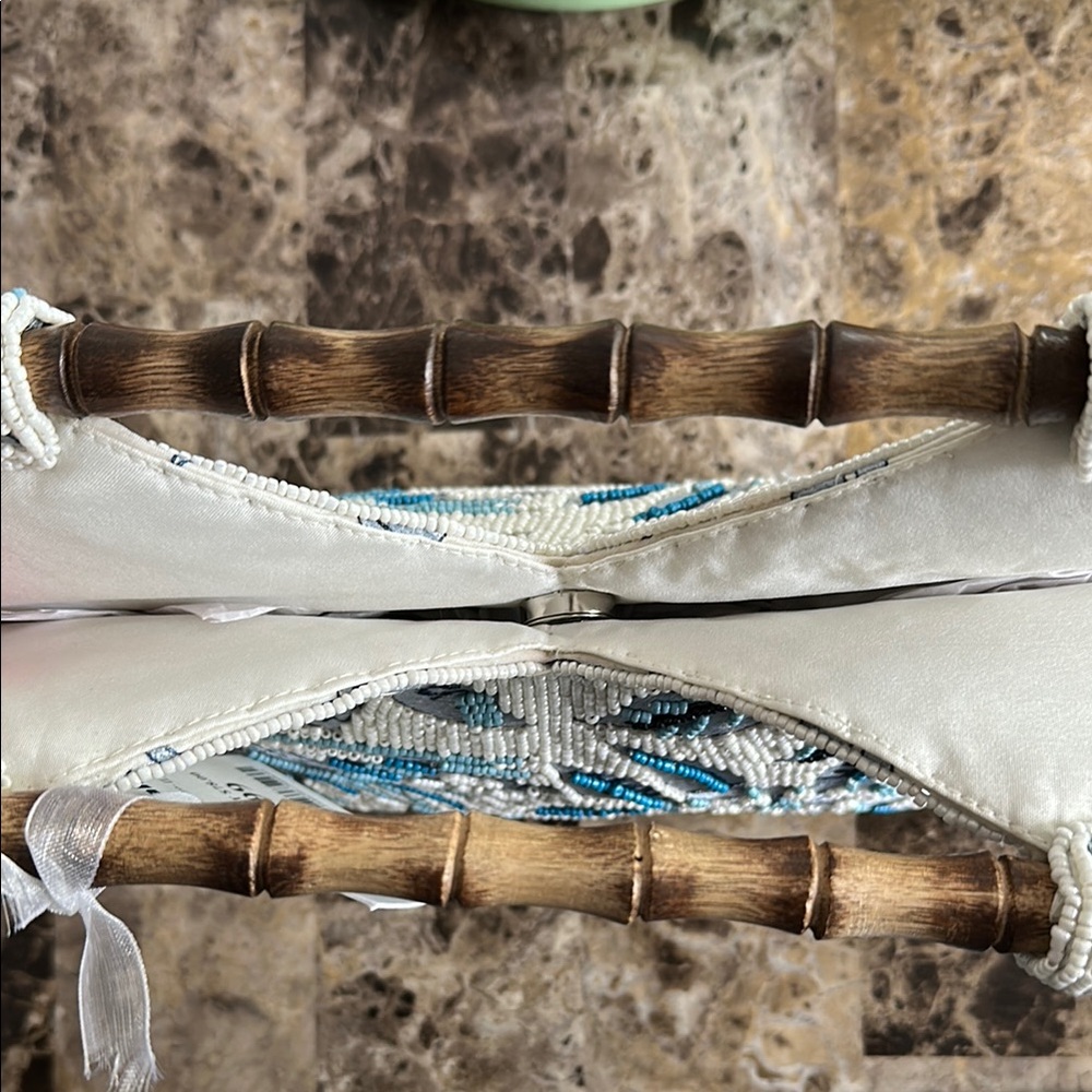 Beaded Floral Wristlet Clutch in Cream and Blue - Picture 2 of 9
